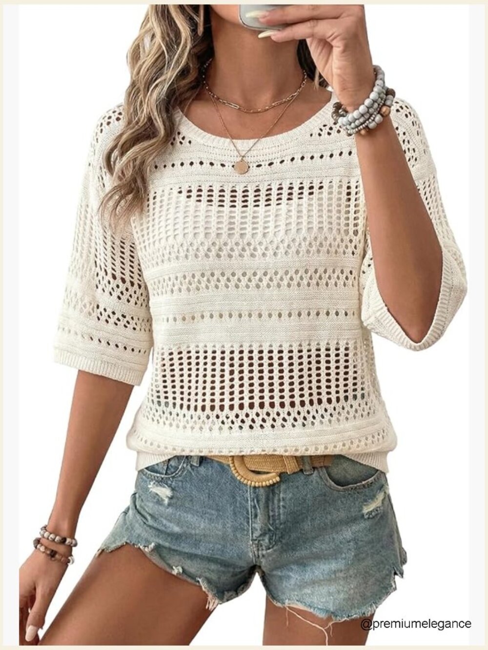 Women's Crochet Half Sleeve Pullover Sweater Beach Vacation Top